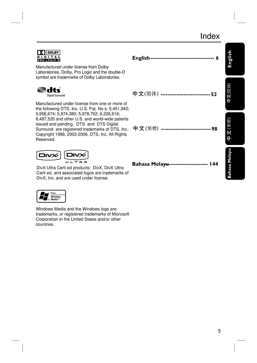 Philips HTS3152/93 user manual Index, English 