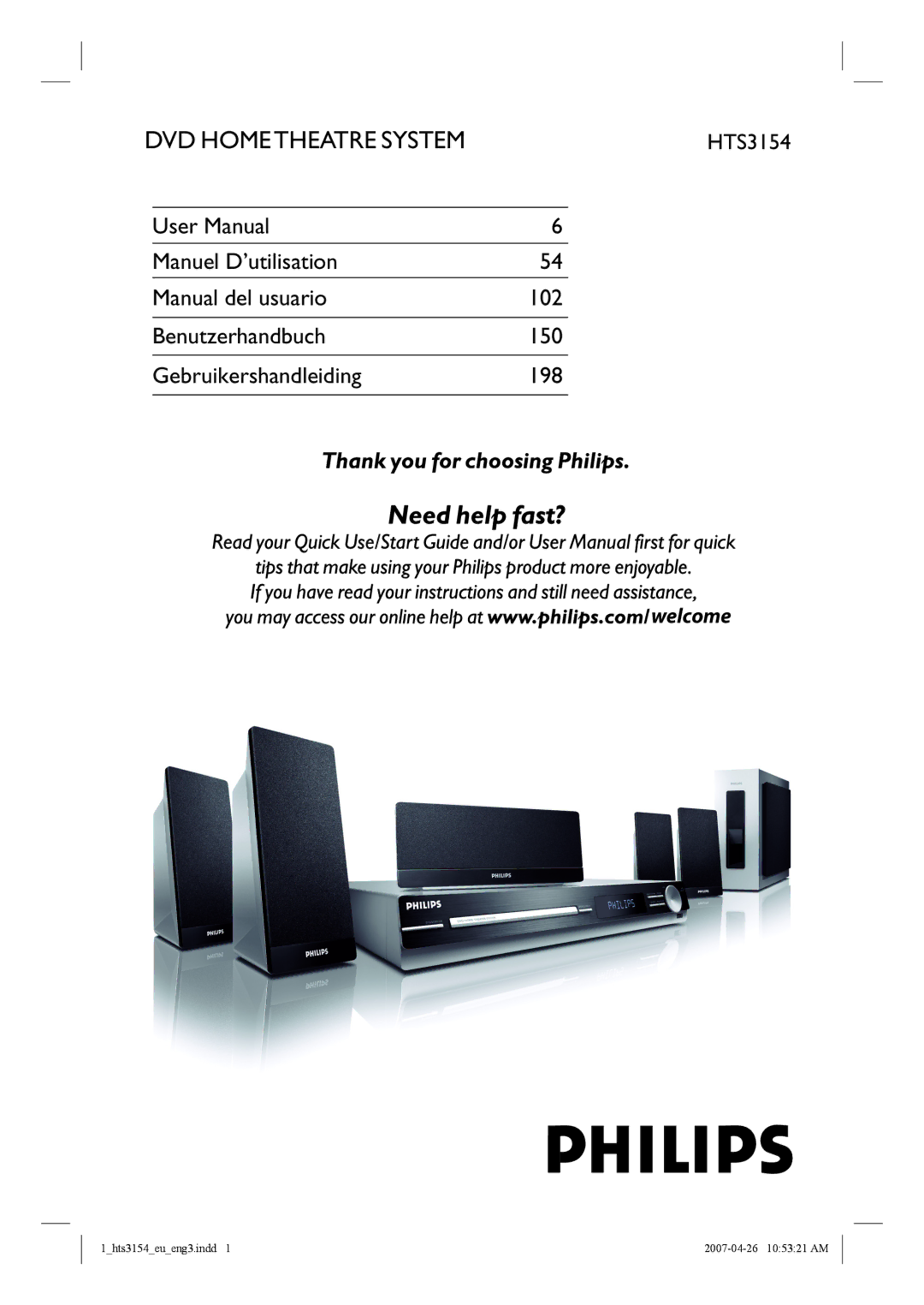 Philips HTS3154 user manual DVD Hometheatre System 