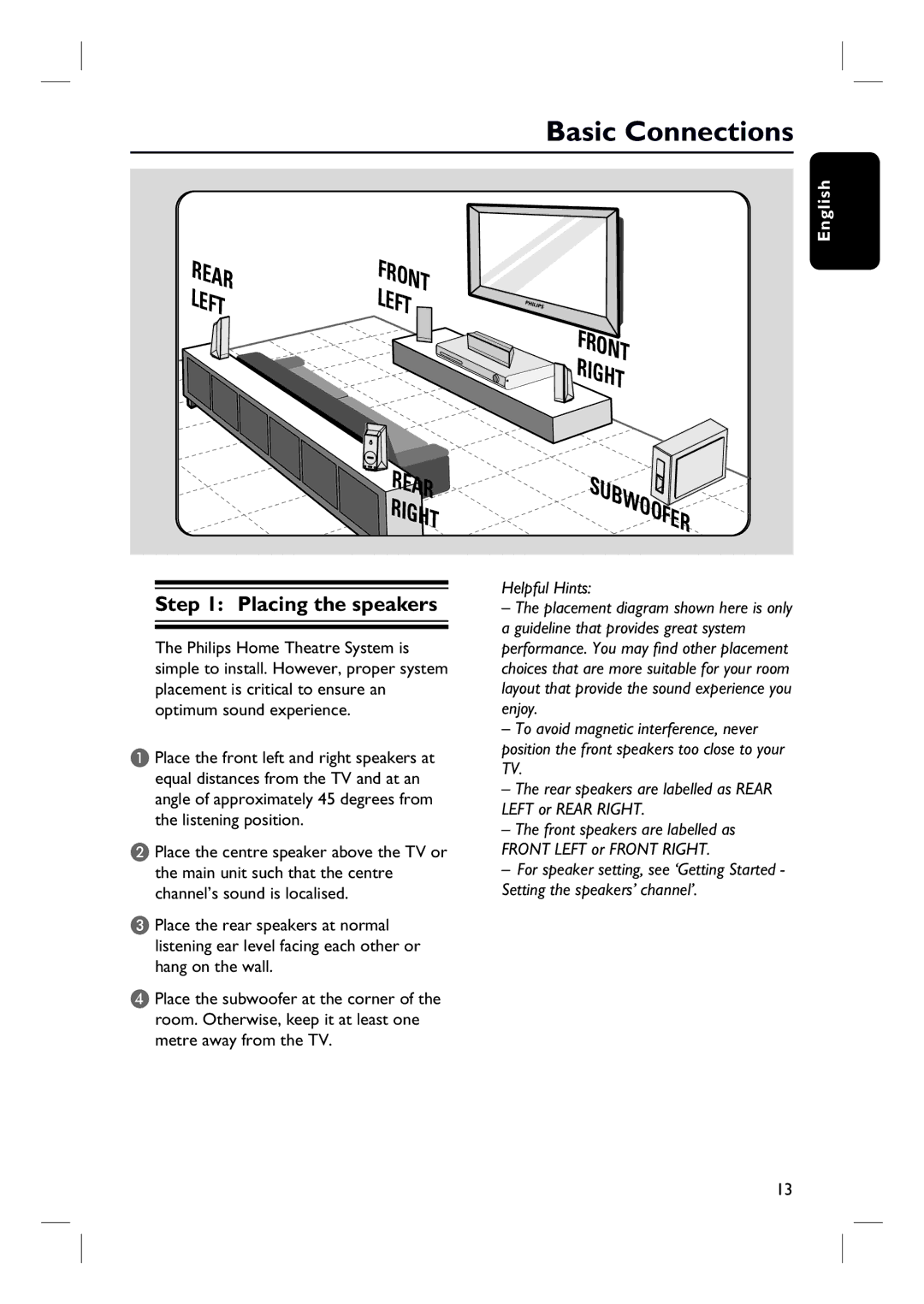 Philips HTS3154 user manual Basic Connections, Placing the speakers 