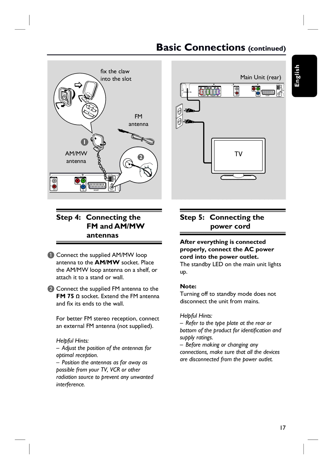 Philips HTS3154 user manual Connecting the FM and AM/MW antennas, Connecting the power cord, Fi x the claw, Into the slot 