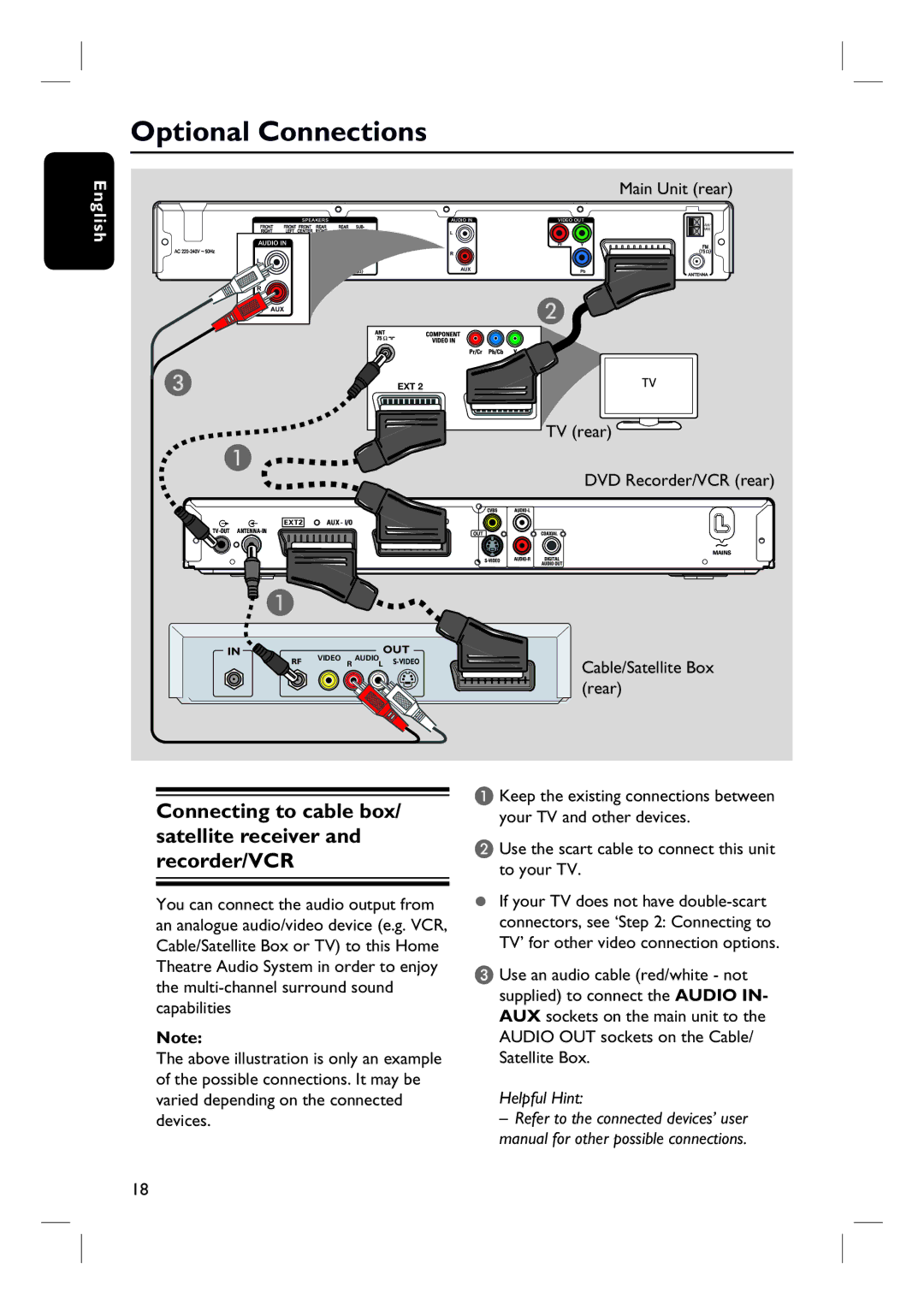 Philips HTS3154 user manual Optional Connections, Connecting to cable box/ satellite receiver and recorder/VCR 