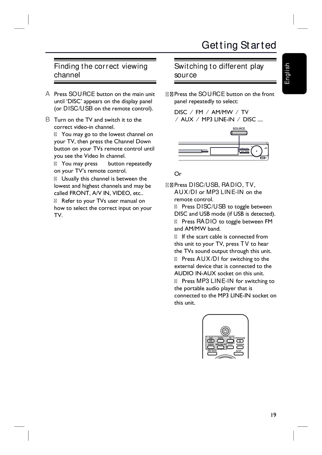 Philips HTS3154 Getting Started, Finding the correct viewing channel, Switching to different play source, AM/MW band 