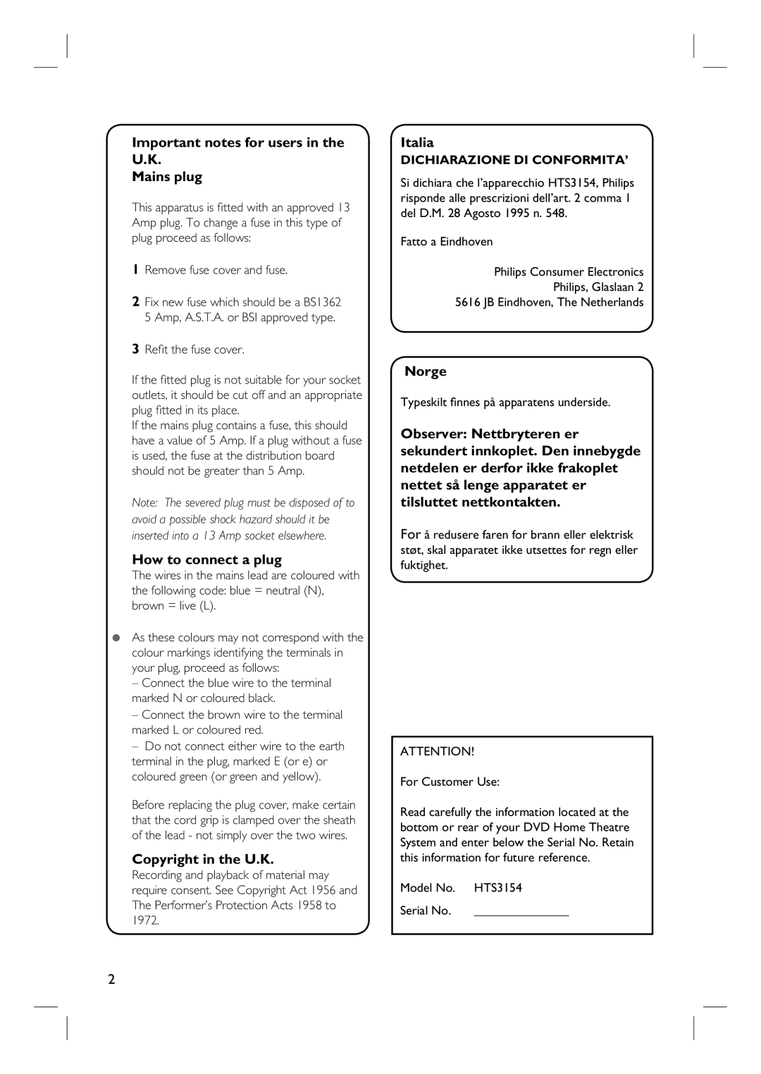 Philips HTS3154 Important notes for users in the U.K Mains plug, How to connect a plug, Copyright in the U.K, Italia 