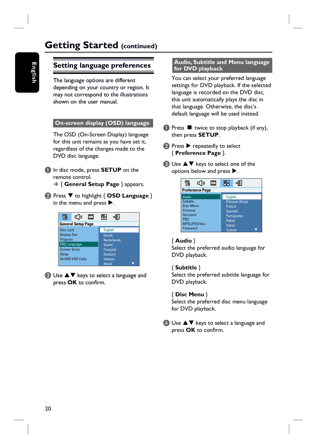 Philips HTS3154 Setting language preferences, On-screen display OSD language, General Setup Page appears, Preference 