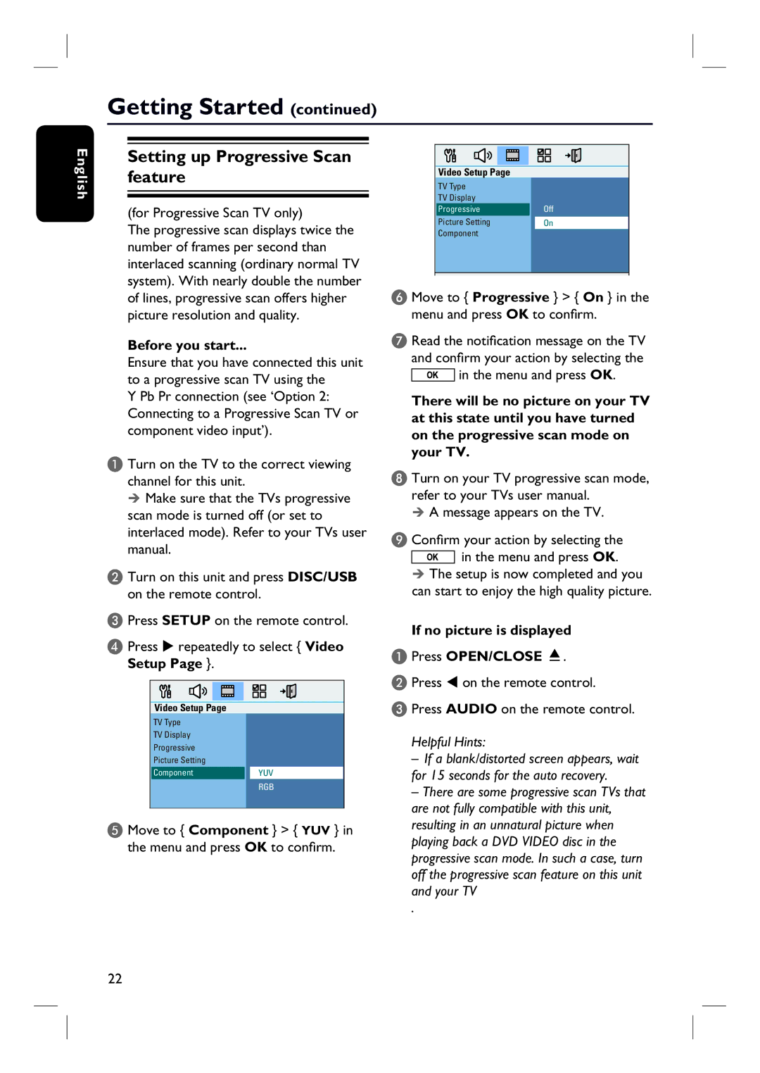 Philips HTS3154 user manual Setting up Progressive Scan feature, For Progressive Scan TV only, Before you start 