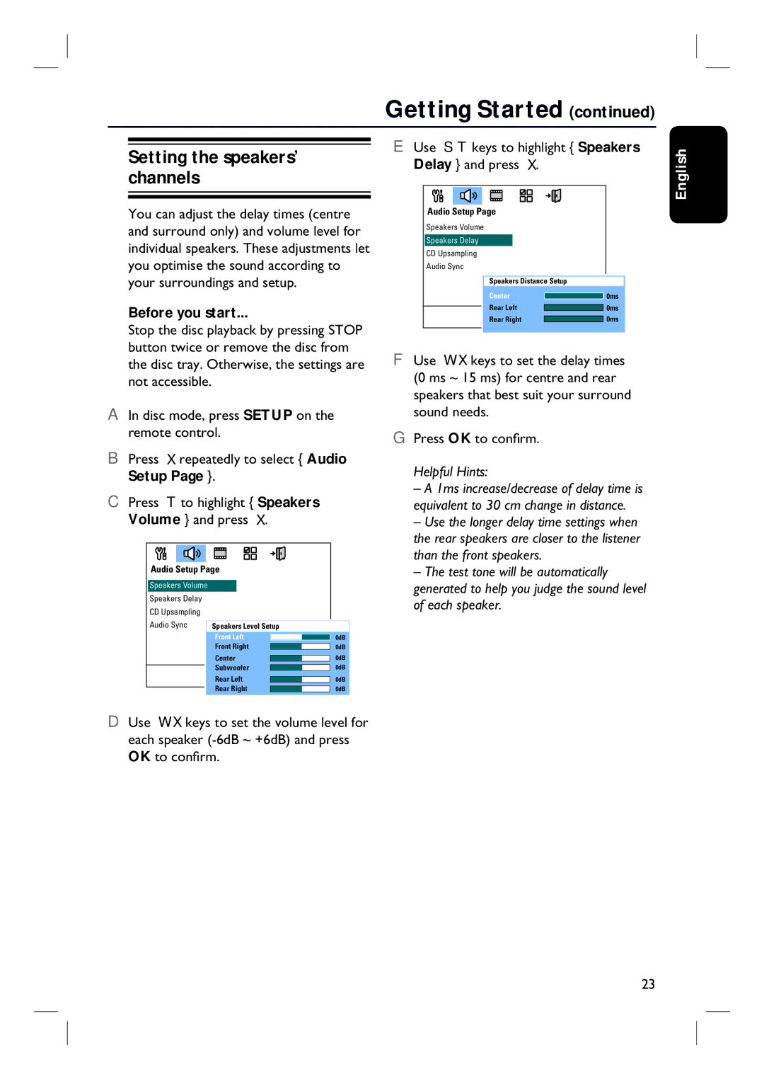 Philips HTS3154 user manual Setting the speakers’ channels, Setup Press To highlight Speakers Volume and press 