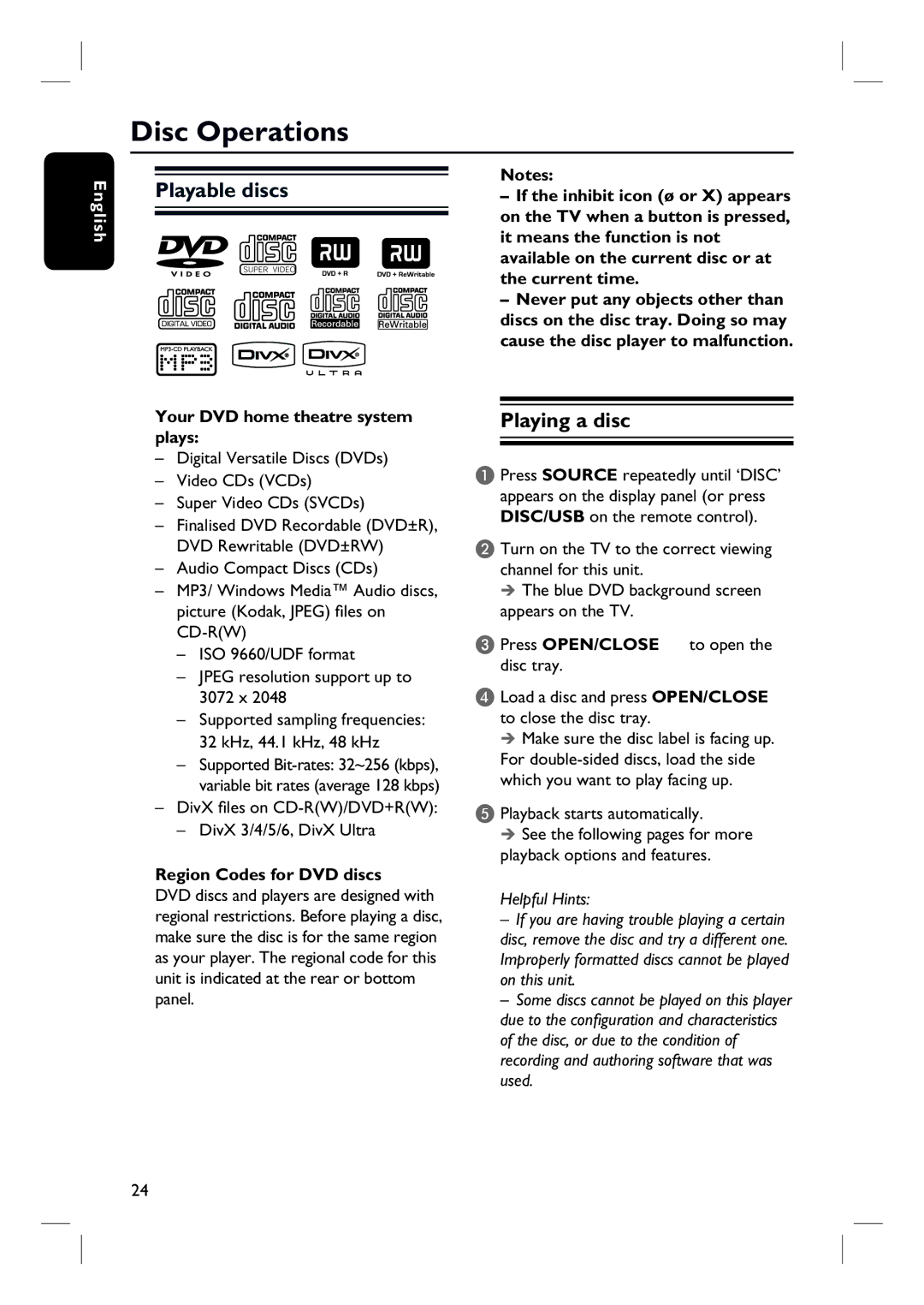 Philips HTS3154 user manual Disc Operations, Playable discs, Playing a disc 