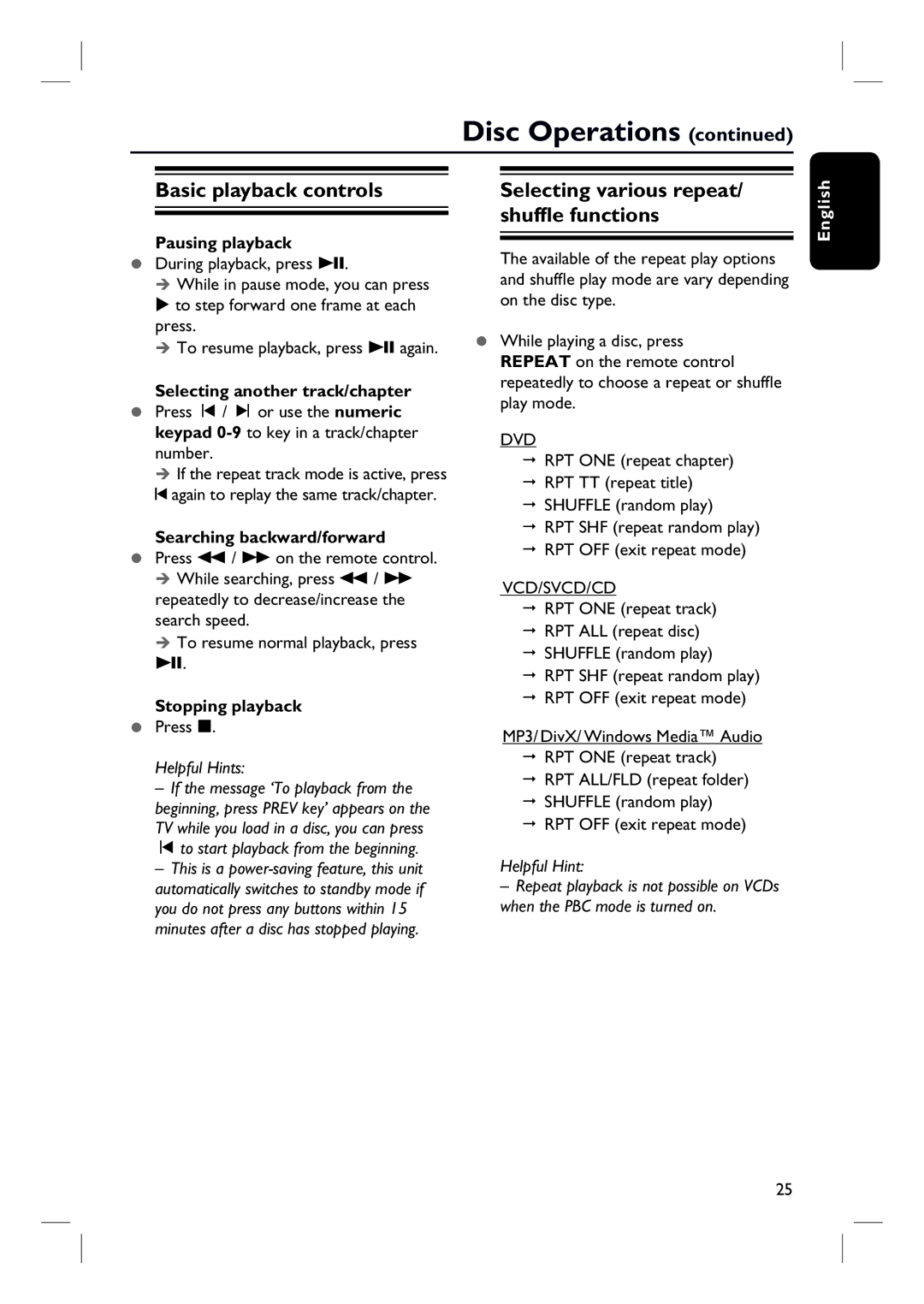 Philips HTS3154 Basic playback controls, Selecting various repeat/ shuffle functions, Pausing playback, Stopping playback 