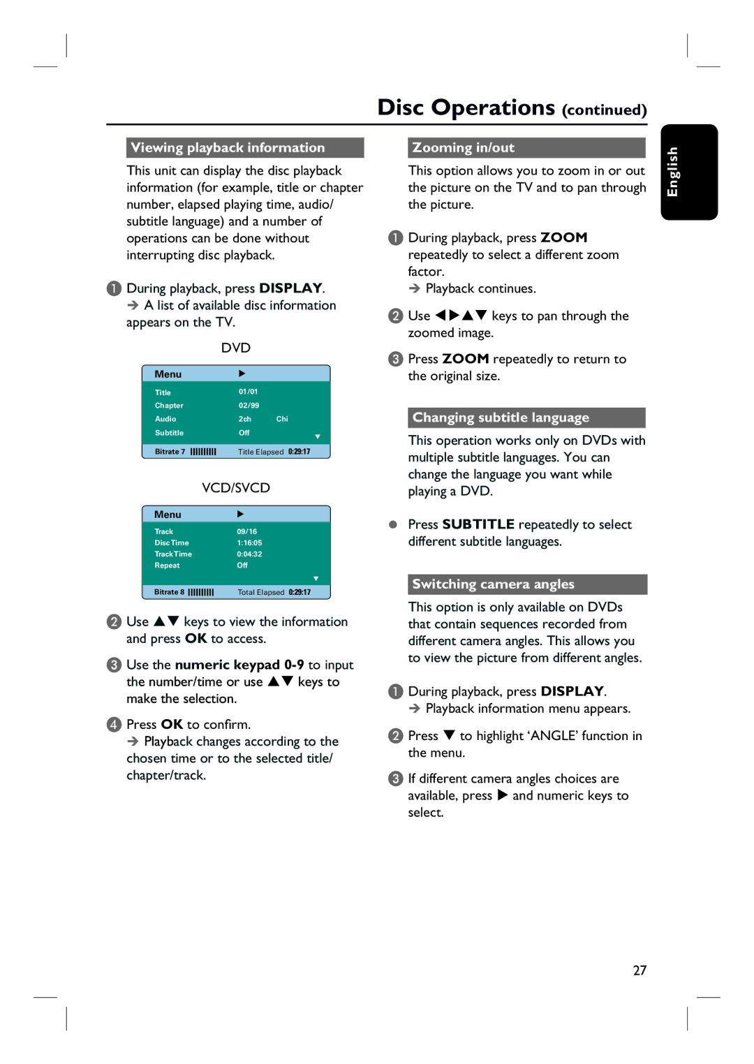 Philips HTS3154 Viewing playback information, Use, Zooming in/out, Changing subtitle language, Switching camera angles 