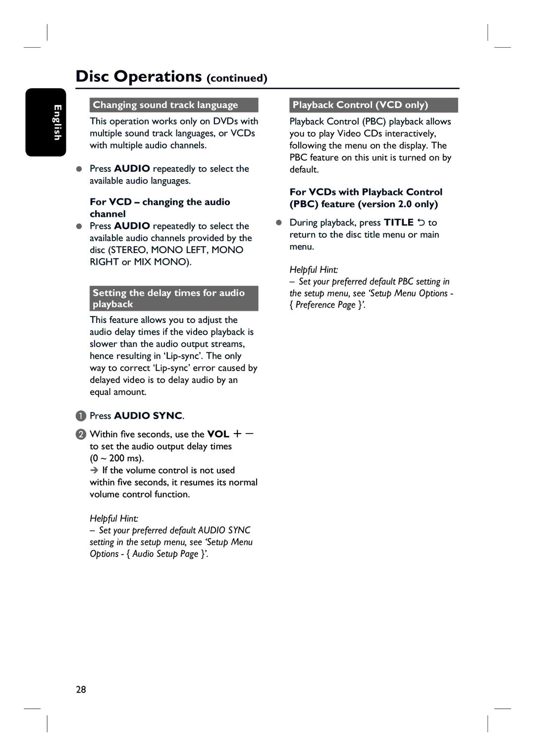 Philips HTS3154 For VCD changing the audio channel, Setting the delay times for audio playback, Press Audio Sync 