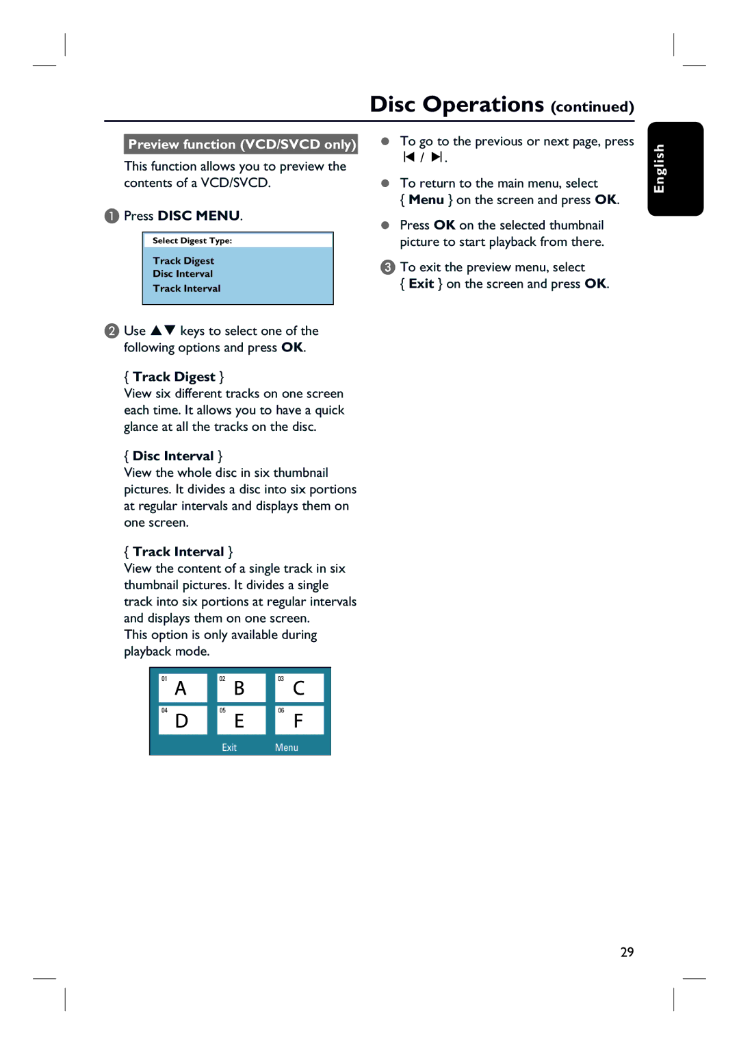 Philips HTS3154 user manual Preview function VCD/SVCD only, Press Disc Menu, Track Digest, Disc Interval, Track Interval 