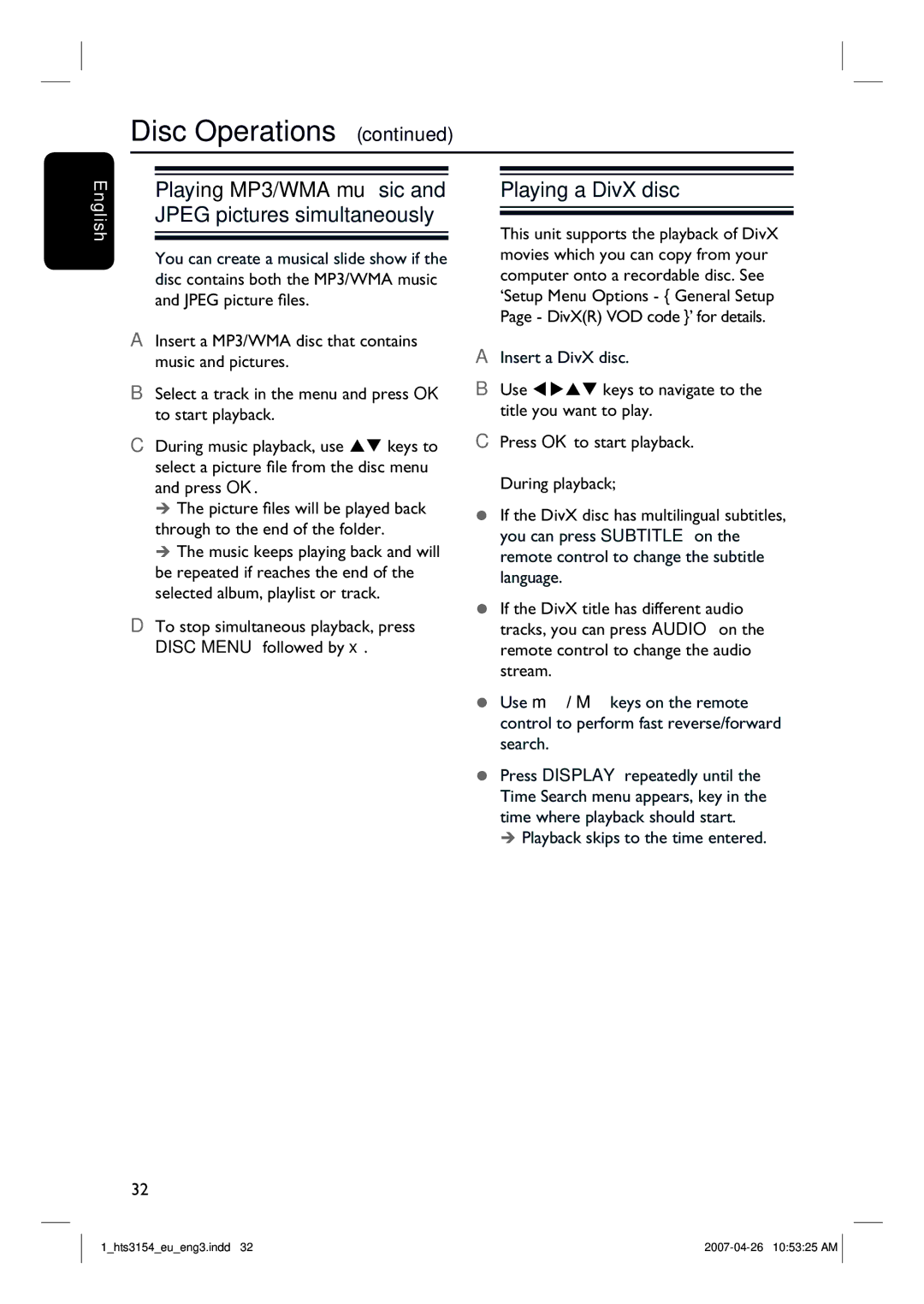 Philips HTS3154 user manual Playing a DivX disc, To stop simultaneous playback, press Disc Menu followed by 