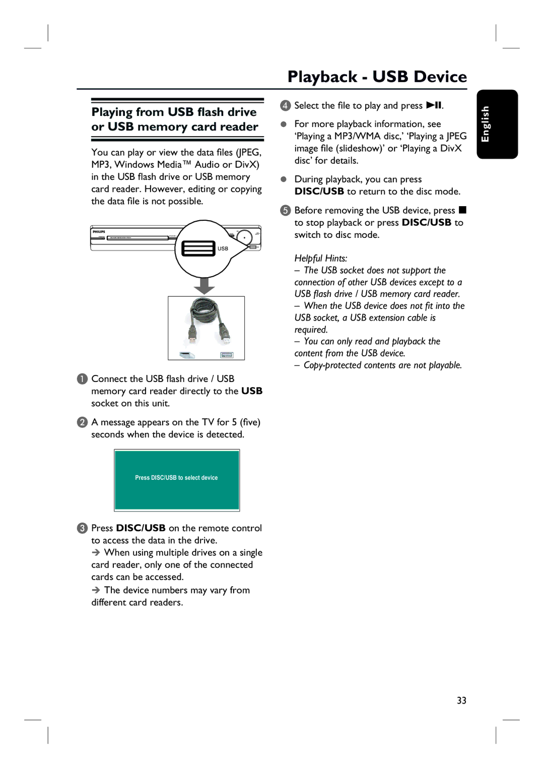 Philips HTS3154 user manual Playback USB Device, Playing from USB flash drive or USB memory card reader 