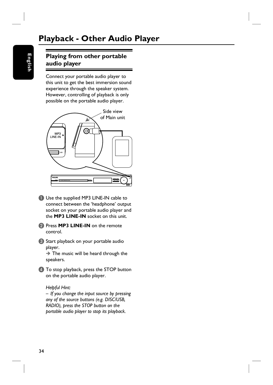 Philips HTS3154 user manual Playback Other Audio Player, Playing from other portable audio player, Side view Main unit 