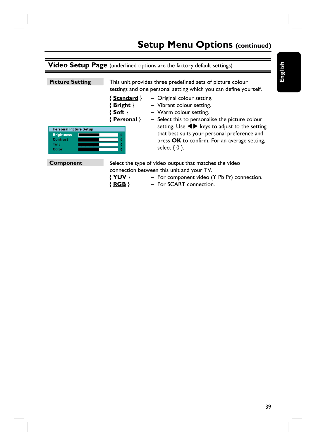 Philips HTS3154 user manual Soft, Personal, Component, Yuv 