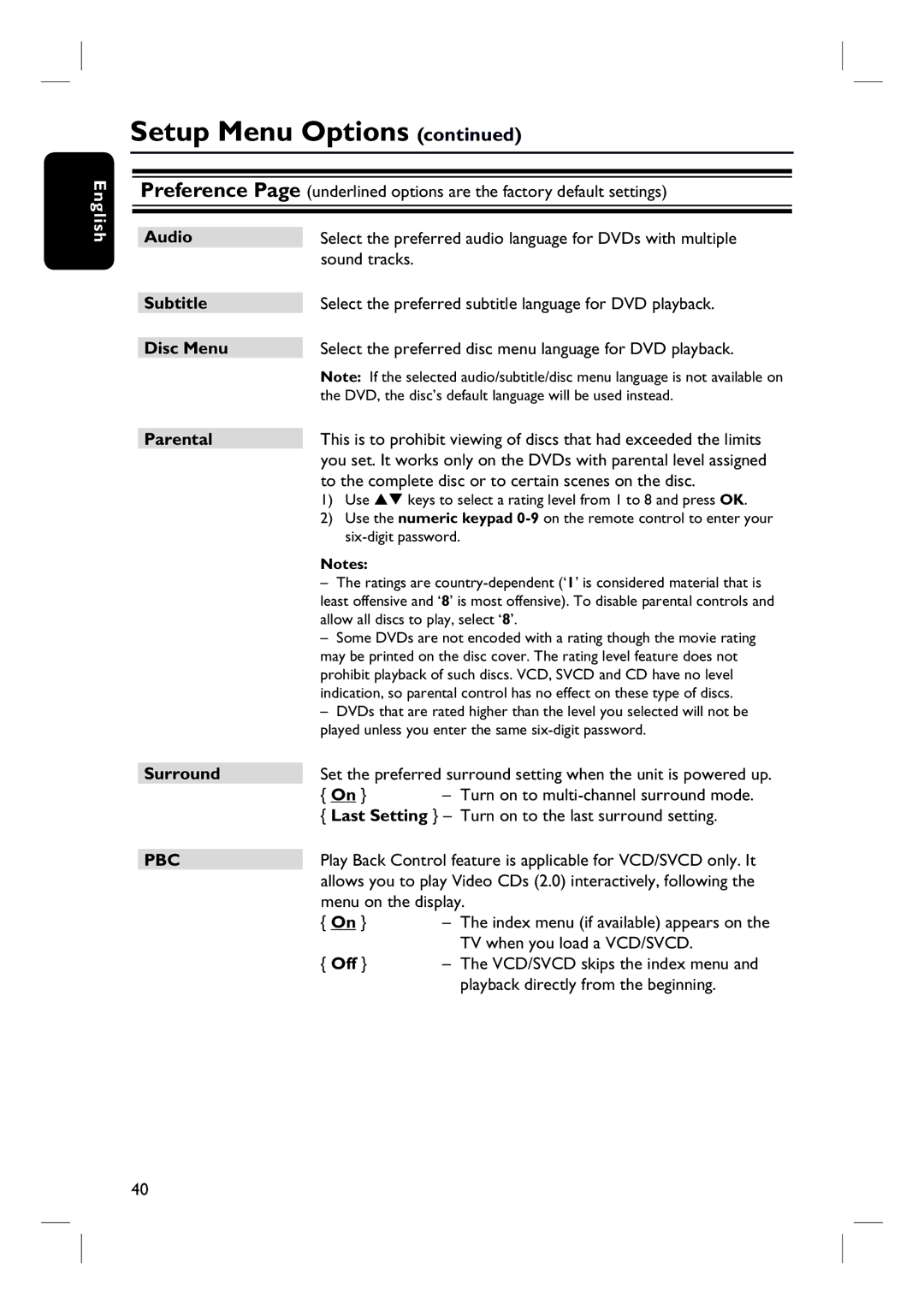 Philips HTS3154 user manual Parental, Last Setting 