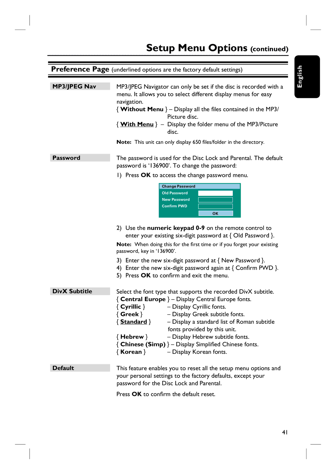 Philips HTS3154 user manual Password DivX Subtitle Default, Display Cyrillic fonts, Greek 