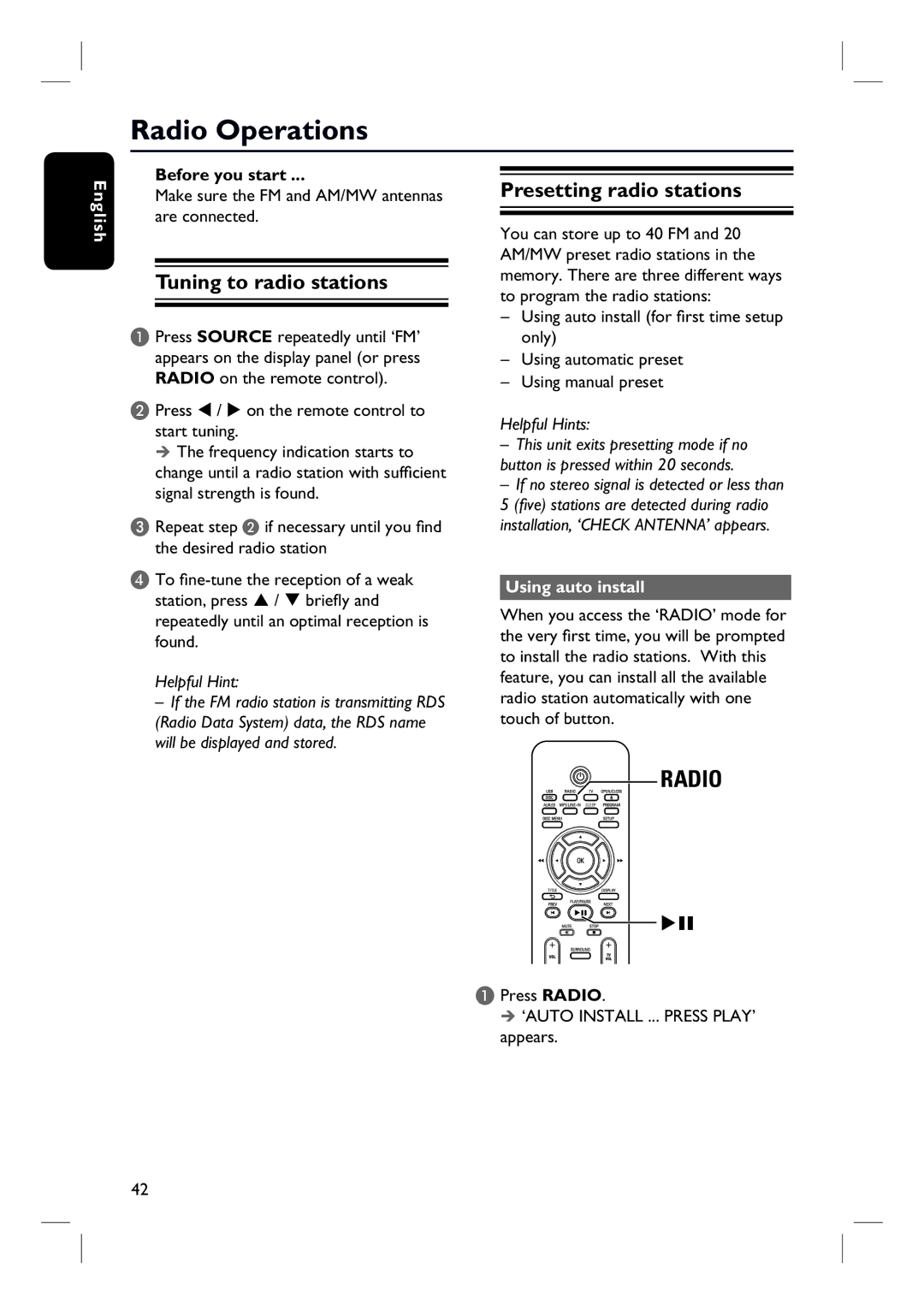 Philips HTS3154 user manual Radio Operations, Tuning to radio stations, Presetting radio stations, Using auto install 