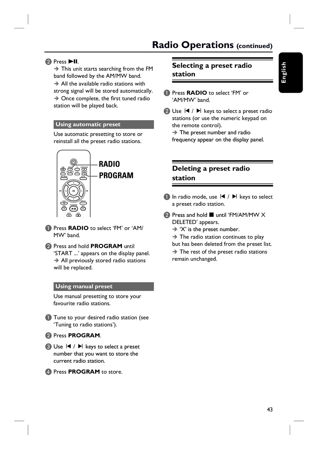 Philips HTS3154 Selecting a preset radio station, Deleting a preset radio, Using automatic preset, Using manual preset 