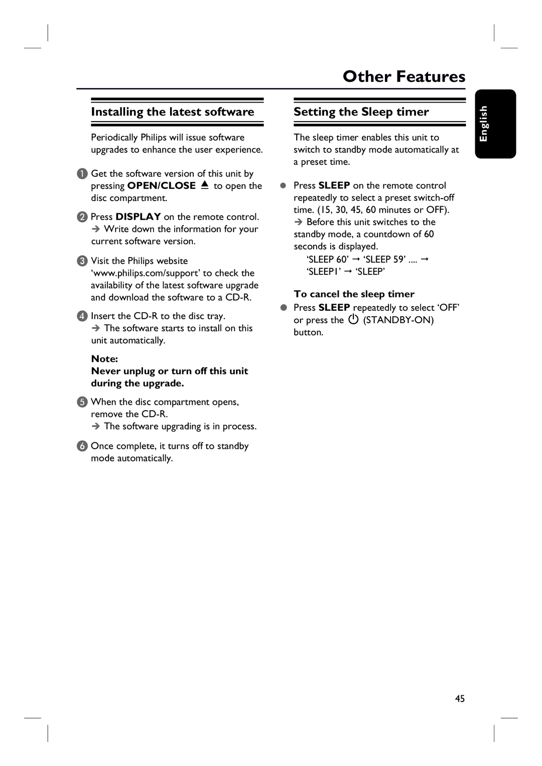 Philips HTS3154 Other Features, Installing the latest software, Setting the Sleep timer, To cancel the sleep timer 