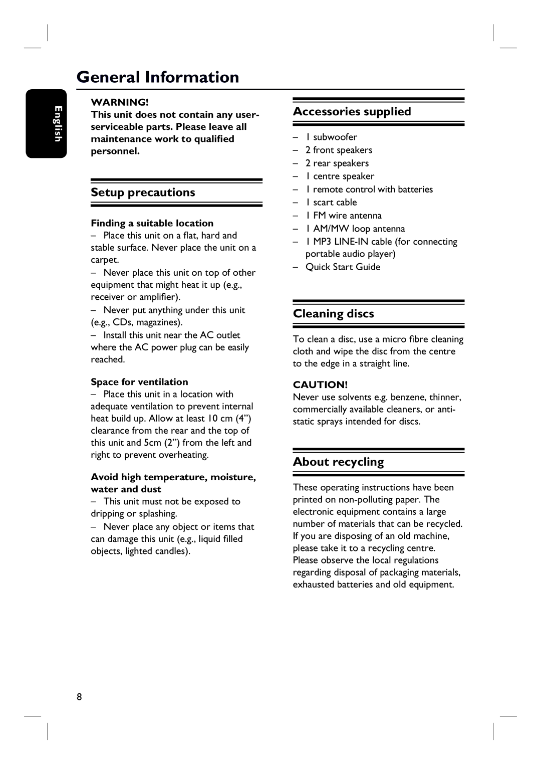 Philips HTS3154 user manual General Information, Setup precautions, Accessories supplied, Cleaning discs, About recycling 