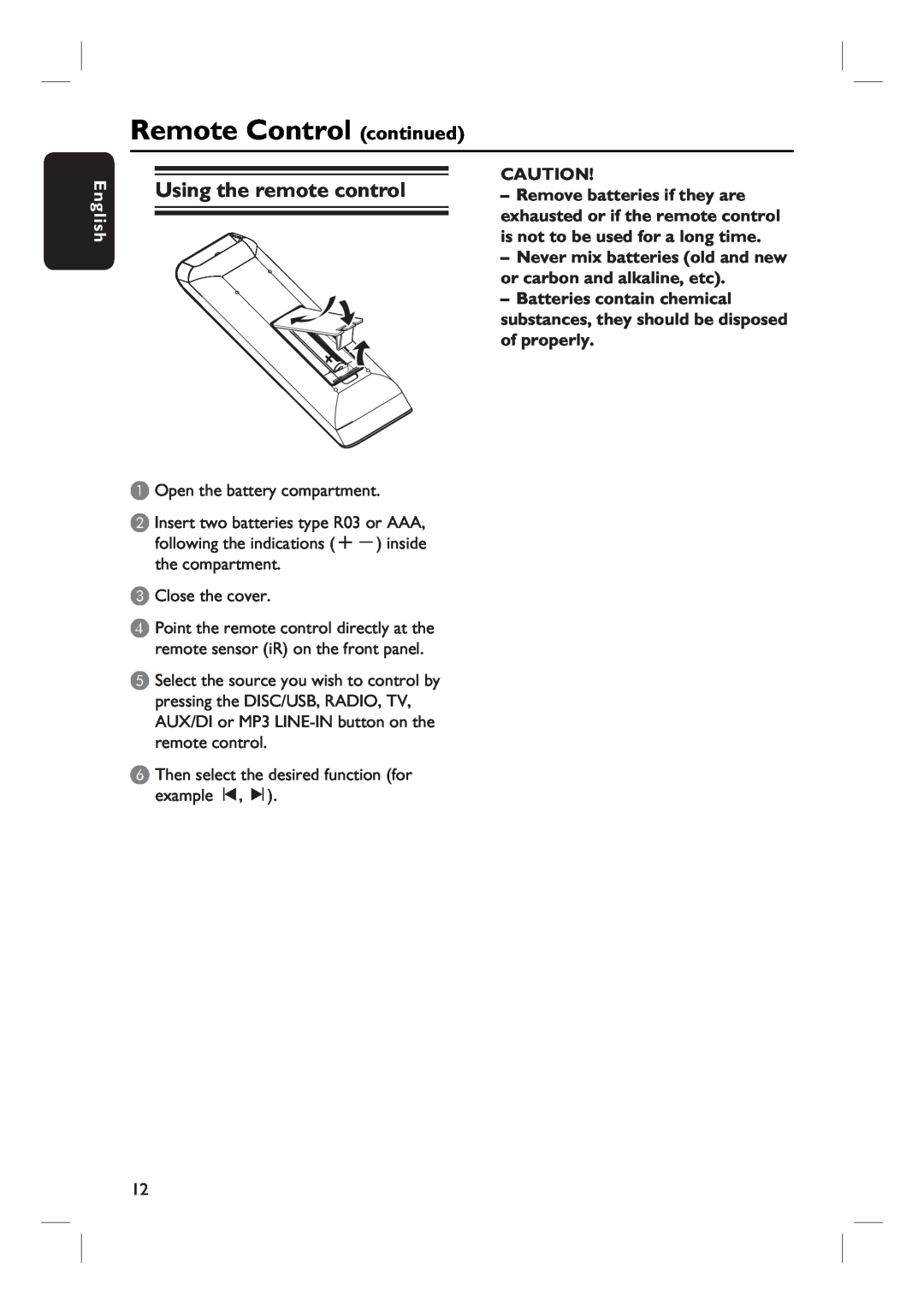 Philips HTS3154 user manual Using the remote control, Remote Control continued, English 