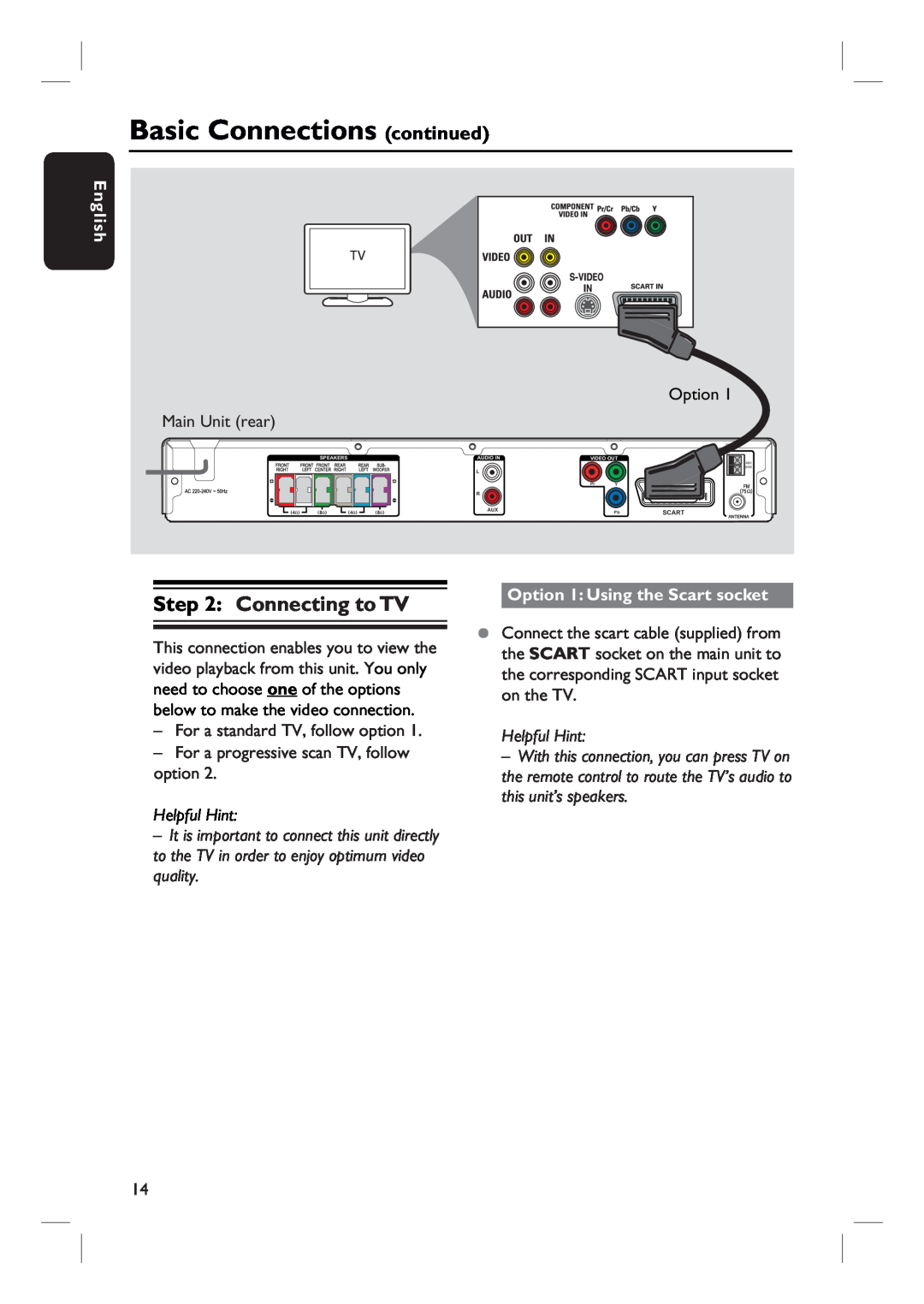 Philips HTS3154 user manual Basic Connections continued, Connecting to TV, Option 1 Using the Scart socket, English 