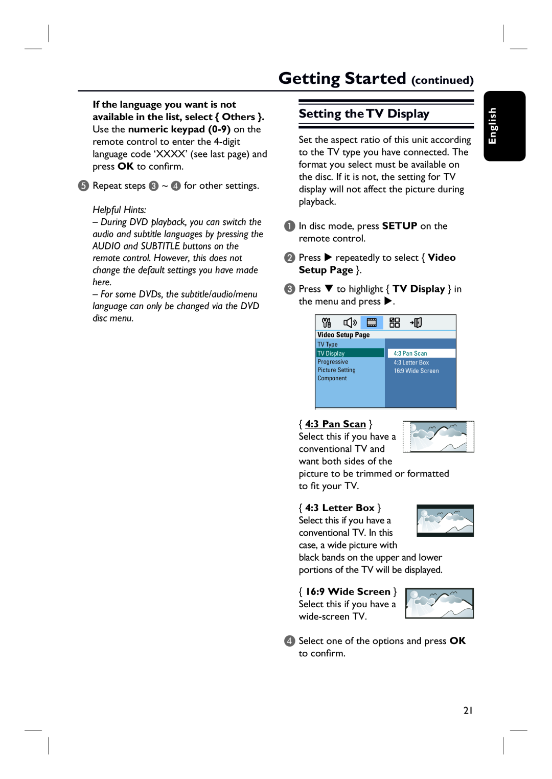 Philips HTS3154 user manual Setting the TV Display, Setup Page, 4 3 Pan Scan, Getting Started continued, English 