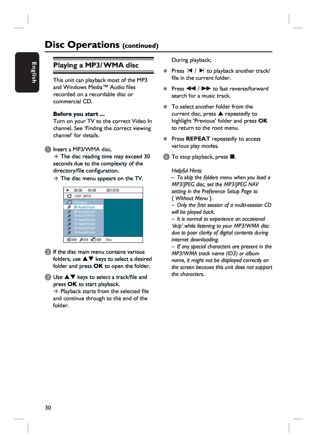Philips HTS3154 user manual Playing a MP3/ WMA disc, Disc Operations continued, English, Before you start 