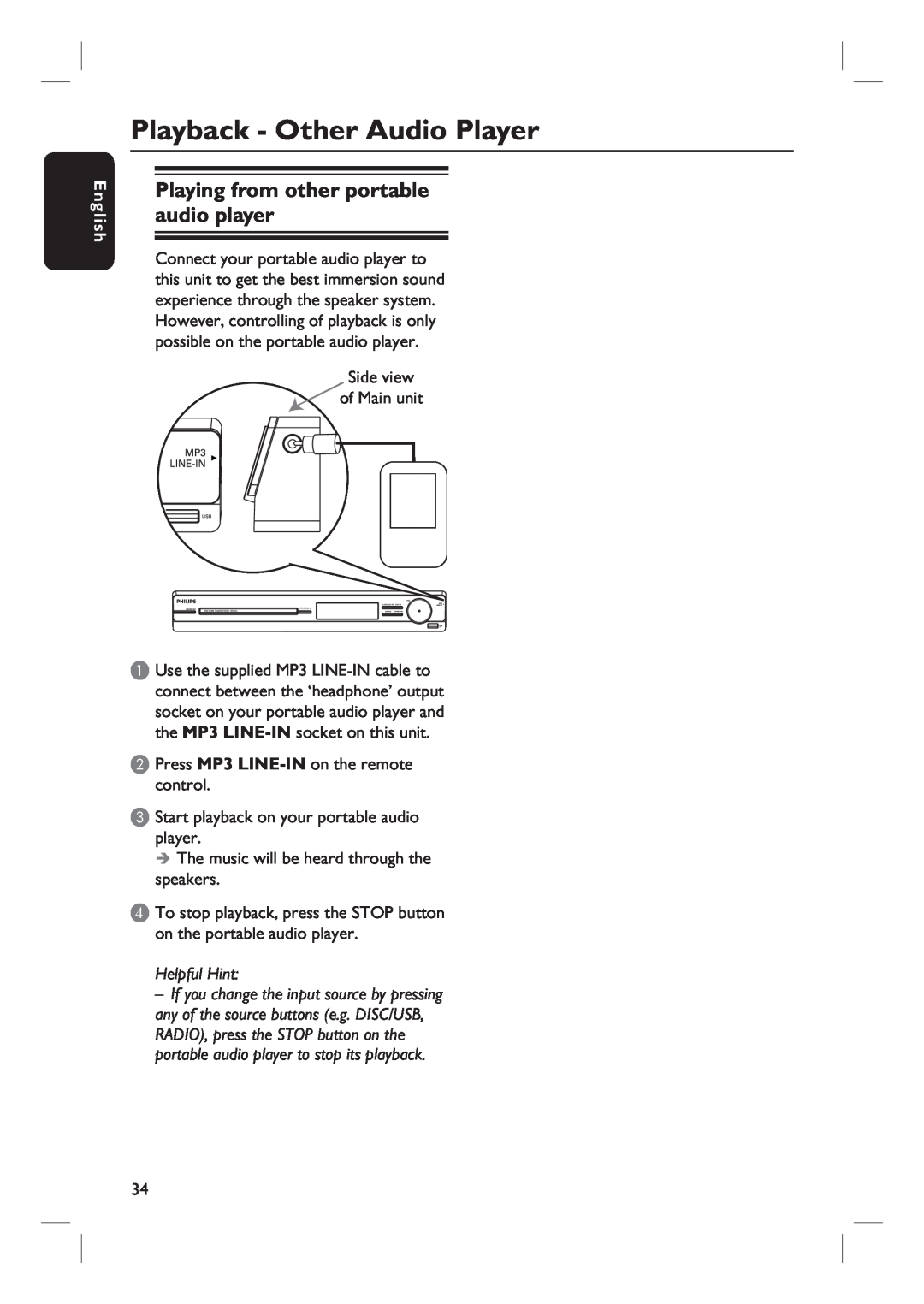 Philips HTS3154 user manual Playback - Other Audio Player, Playing from other portable audio player, English 