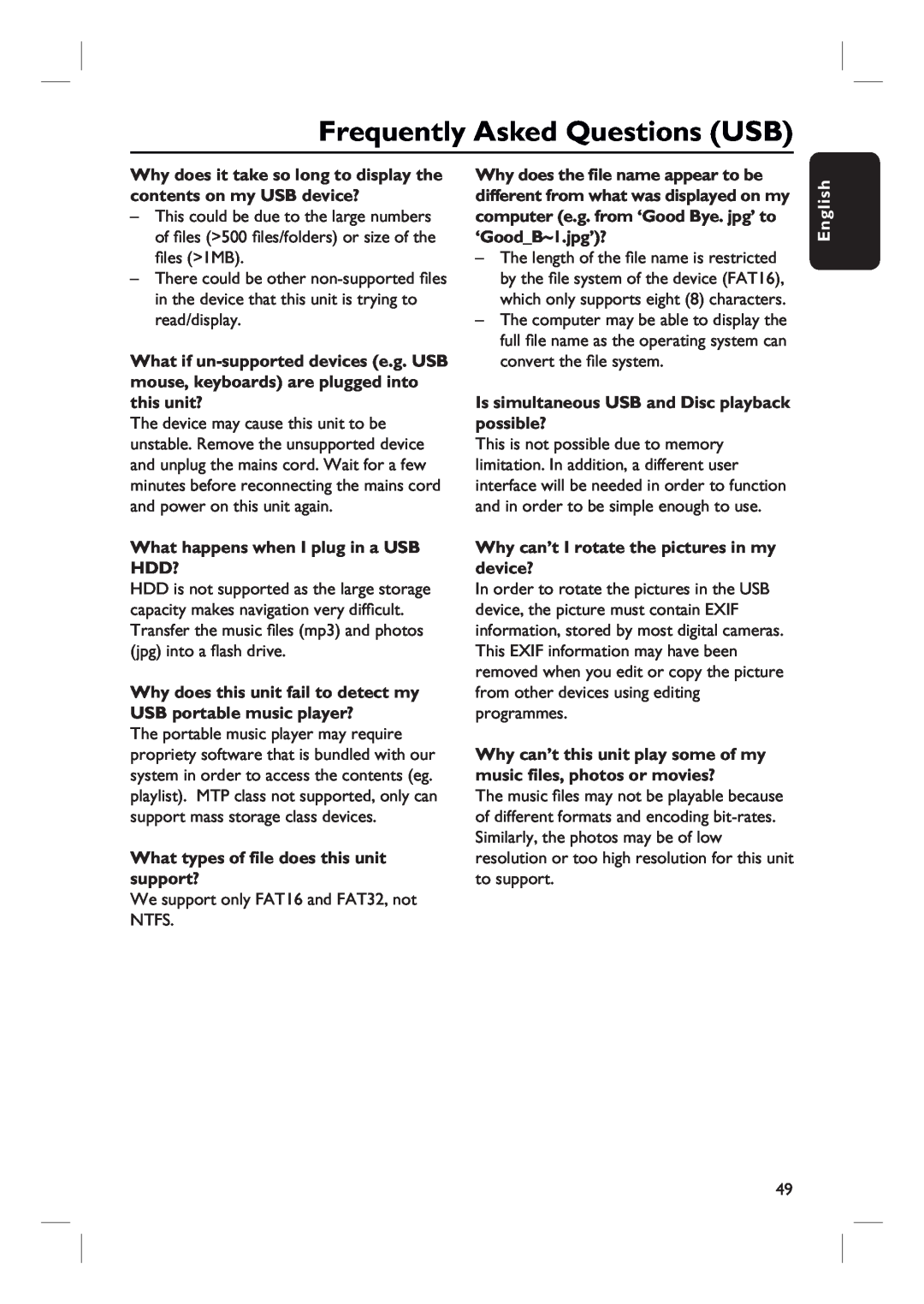 Philips HTS3154 user manual Frequently Asked Questions USB, What happens when I plug in a USB HDD?, English 