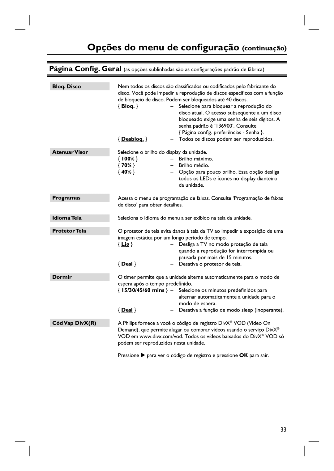 Philips HTS3155/78 manual Opções do menu de configuração continuação 