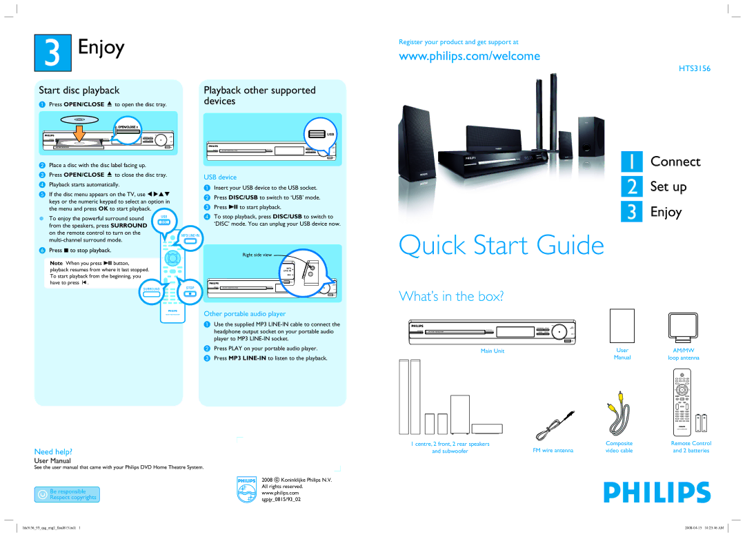 Philips HTS3156/93 quick start Enjoy, Need help? 