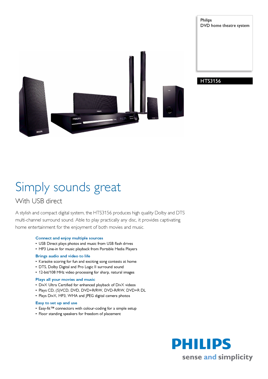 Philips HTS3156/98 manual Connect and enjoy multiple sources, Brings audio and video to life, Easy to set up and use 