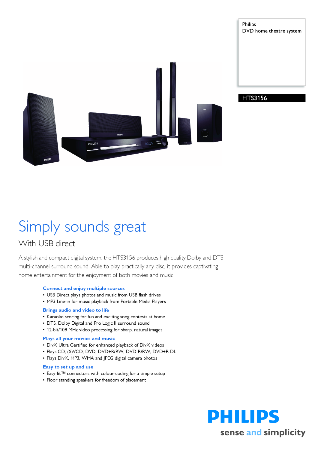 Philips HTS3156/98 manual Philips DVD home theatre system, Connect and enjoy multiple sources, Easy to set up and use 
