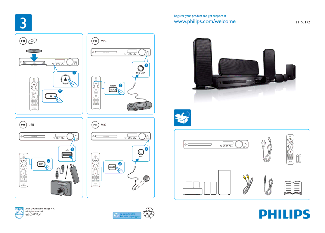 Philips HTS3172 manual Usb, MP3 MIC, Register your product and get support at 