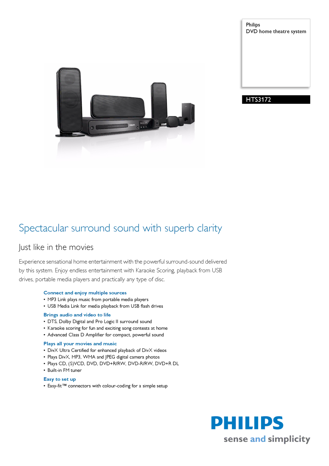 Philips HTS3172/98 manual Connect and enjoy multiple sources, Brings audio and video to life, Easy to set up 