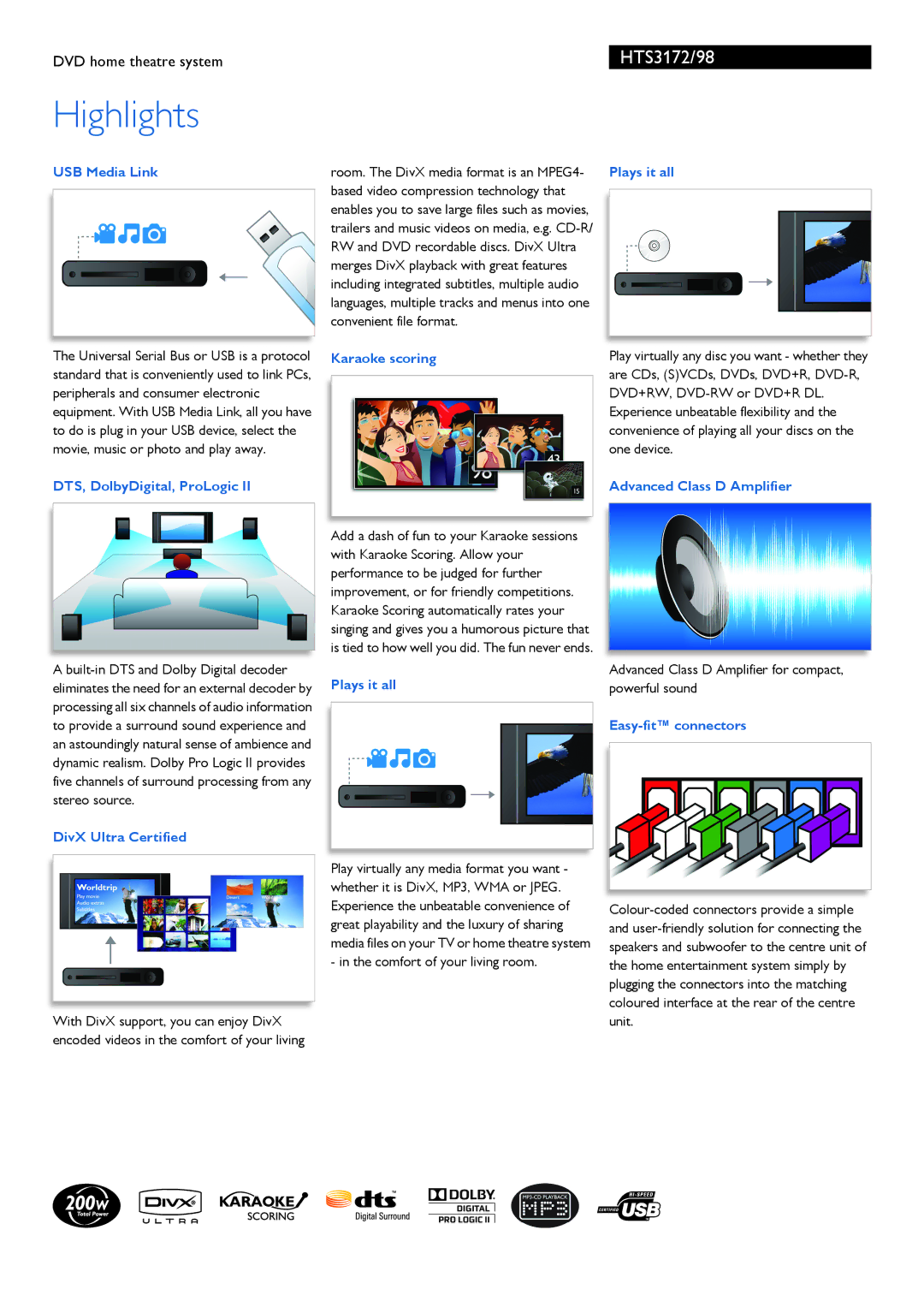 Philips HTS3172/98 USB Media Link, DTS, DolbyDigital, ProLogic, Karaoke scoring Plays it all, Advanced Class D Amplifier 