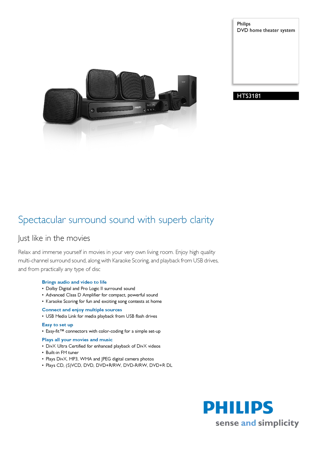 Philips HTS3181/98 manual Brings audio and video to life, Connect and enjoy multiple sources, Easy to set up 