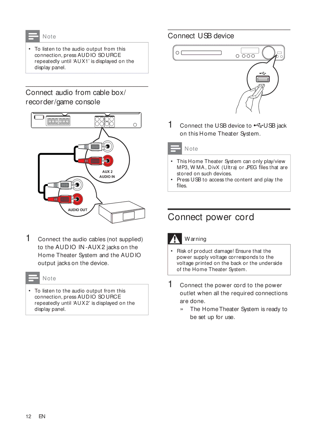 Philips HTS3181X/78 Connect power cord, Connect audio from cable box/ recorder/game console, Connect USB device 