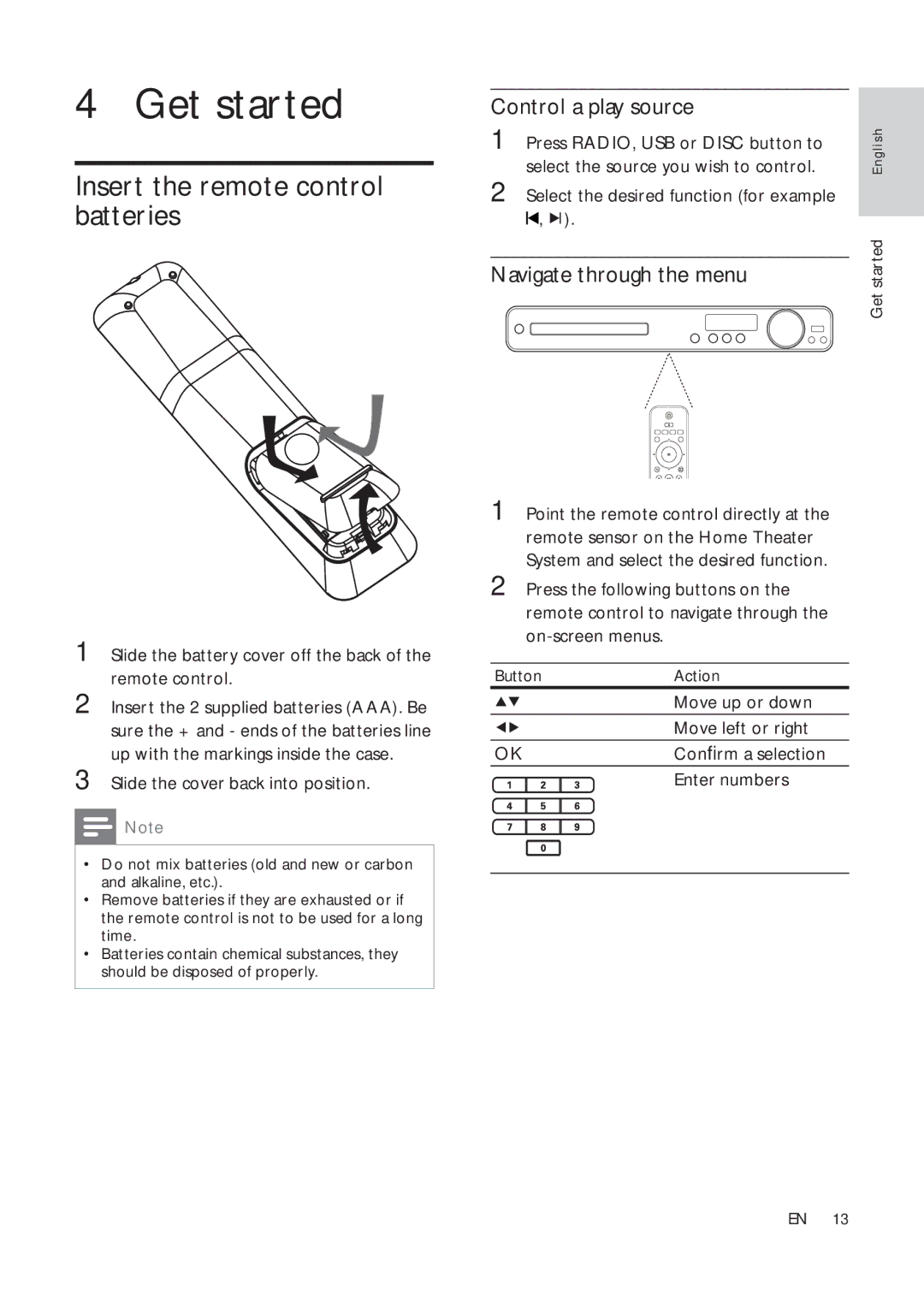 Philips HTS3181X/78 Get started, Insert the remote control batteries, Control a play source, Navigate through the menu 