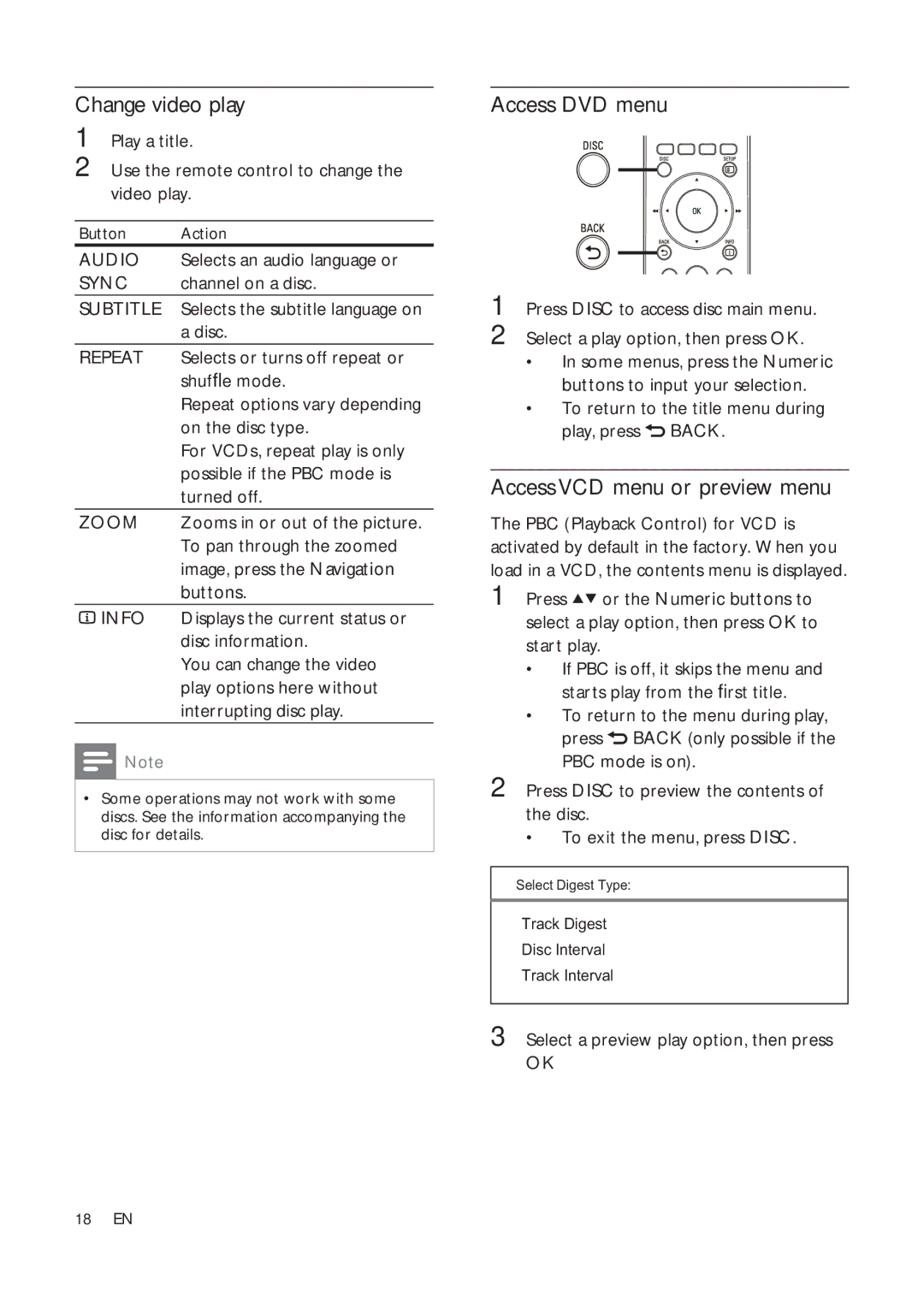 Philips HTS3181X/78 user manual Change video play, Access DVD menu, Access VCD menu or preview menu 