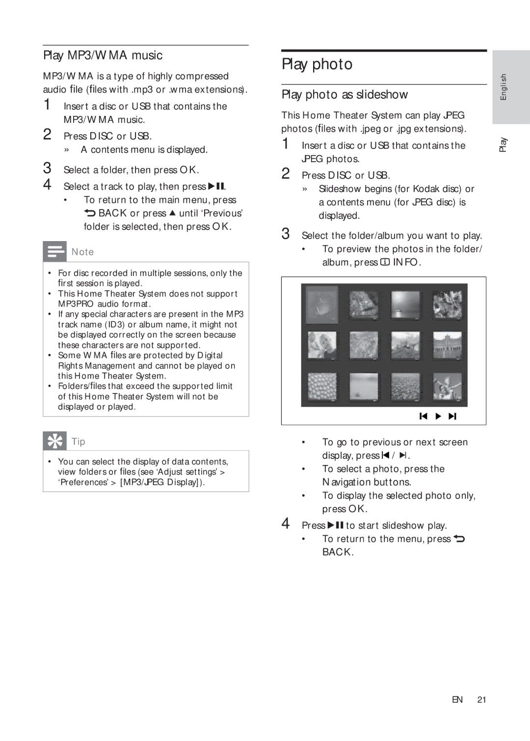 Philips HTS3181X/78 user manual Play MP3/WMA music, Play photo as slideshow 