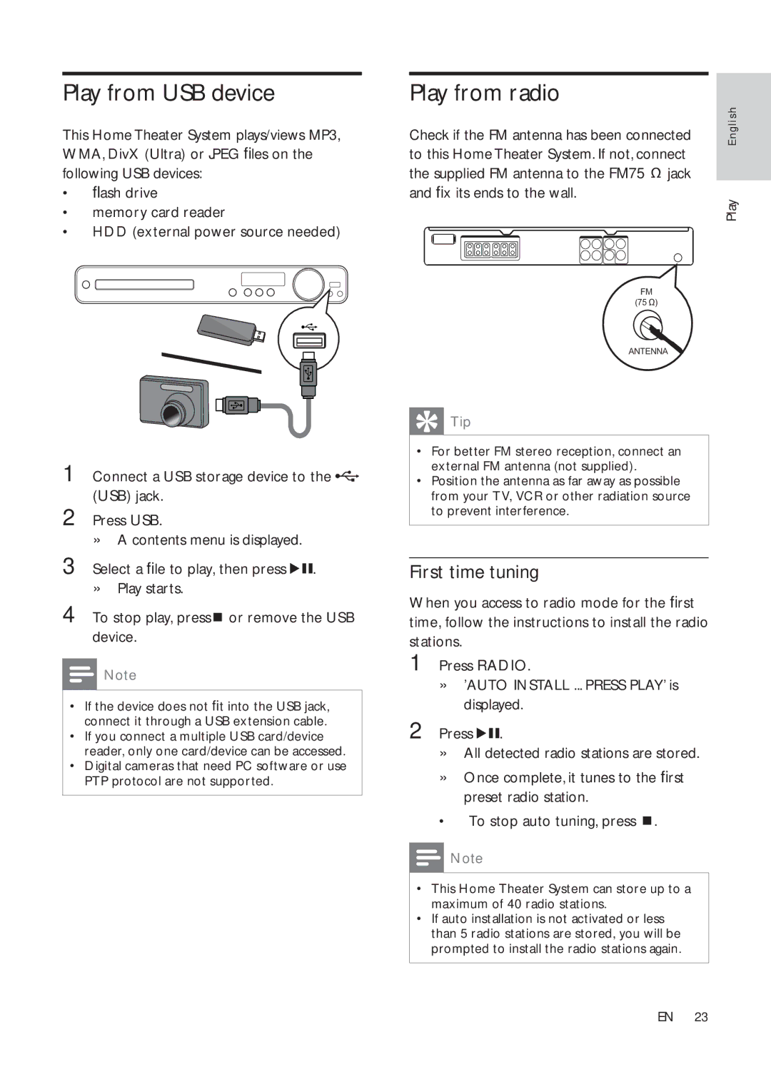 Philips HTS3181X/78 user manual Play from USB device, Play from radio, First time tuning 