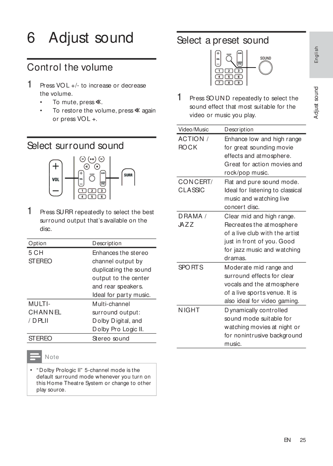 Philips HTS3181X/78 user manual Adjust sound, Control the volume, Select surround sound, Select a preset sound 