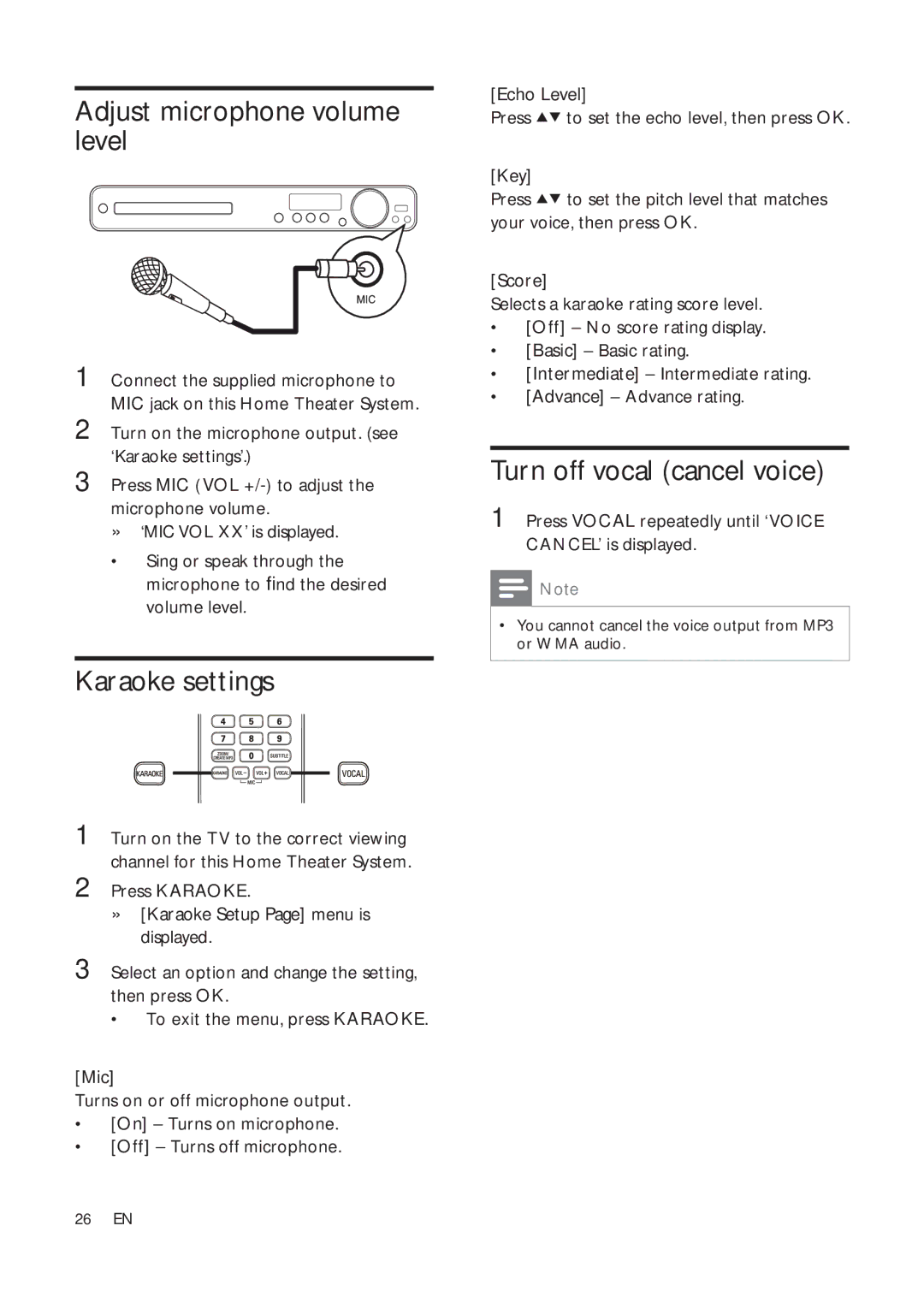 Philips HTS3181X/78 user manual Adjust microphone volume level, Karaoke settings, Turn off vocal cancel voice 