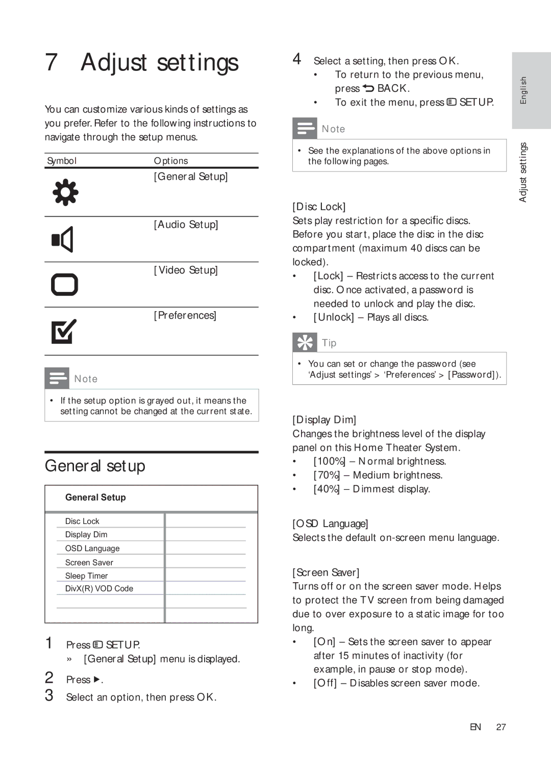 Philips HTS3181X/78 user manual Adjust settings, General setup 