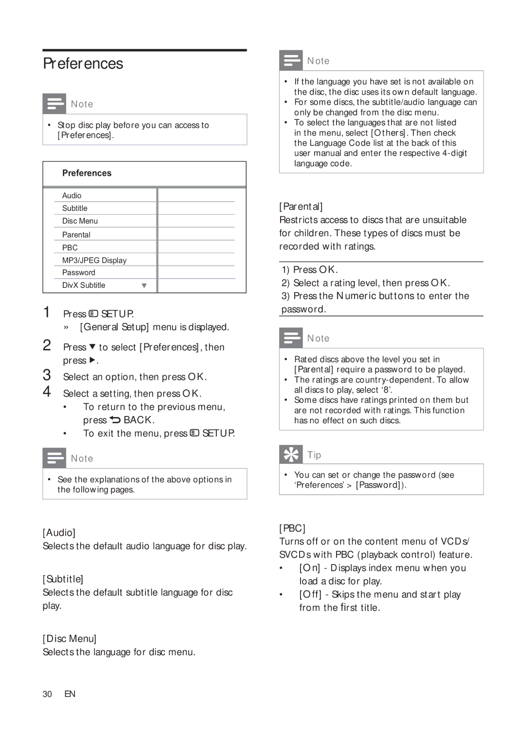 Philips HTS3181X/78 user manual Preferences, Pbc 