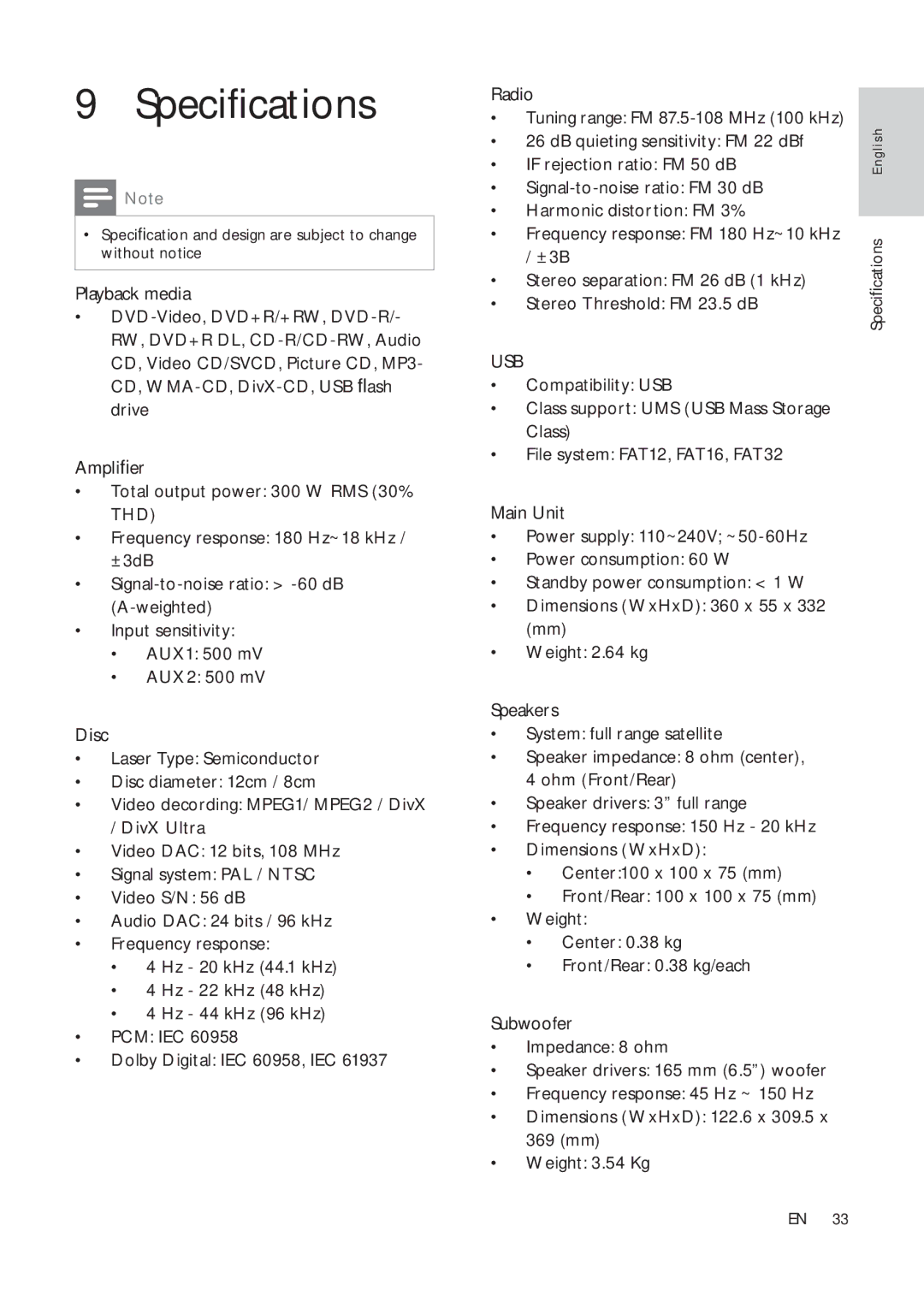 Philips HTS3181X/78 user manual Specifications, Usb 