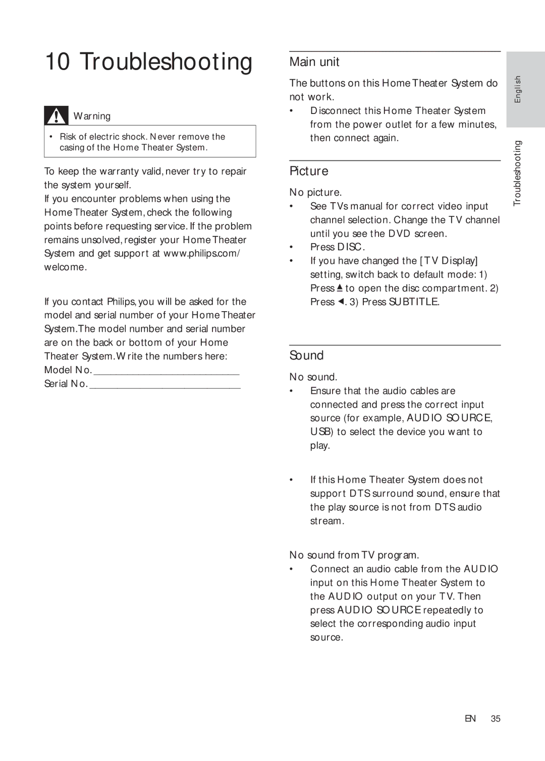 Philips HTS3181X/78 user manual Troubleshooting, Picture, Sound 